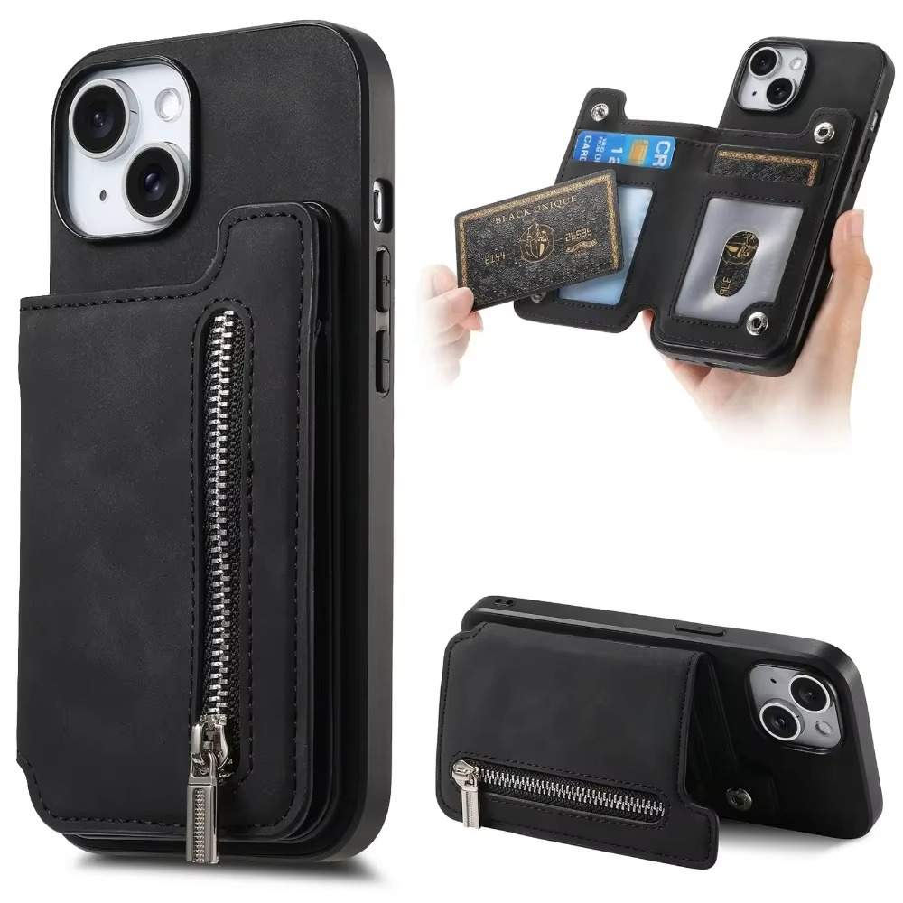 Luxury Leather Wallet iPhone Case — Zipper Card Slot, Magnetic Double Buckle, Anti-Fingerprint, Anti-Scratch, Non-Slip Full Protection Cover