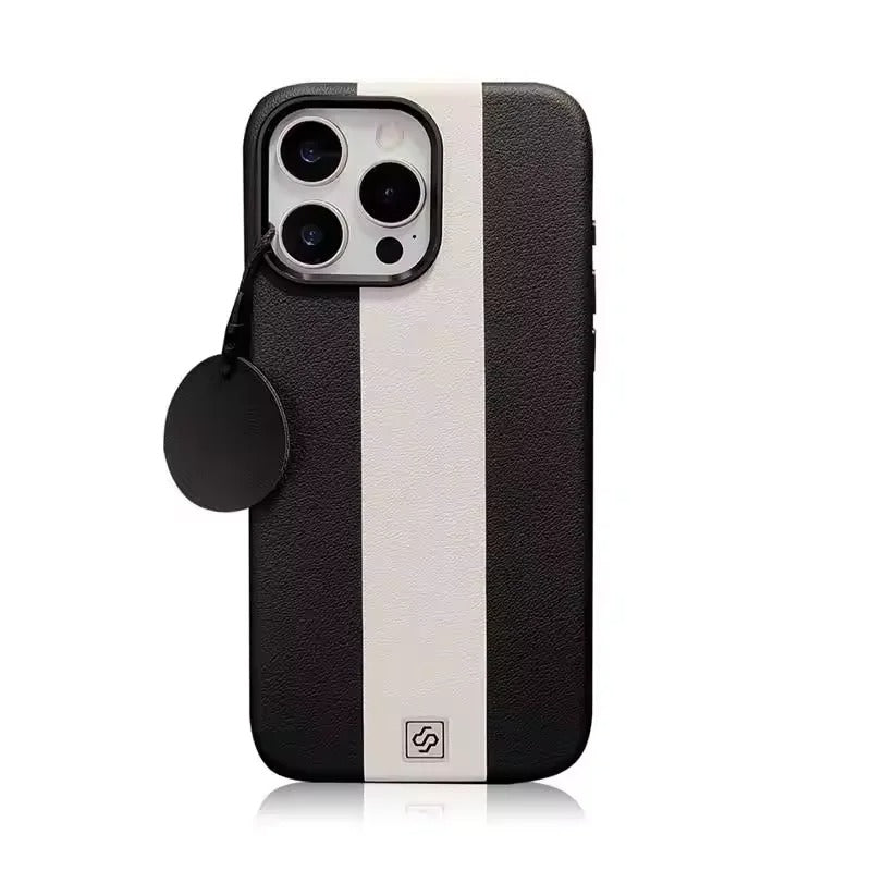 Luxury Magnetic Shockproof iPhone Case — Splicing Leather Design, Wireless Charging Compatible, Matte Anti-Fingerprint Hard Cover with Kickstand & Secure Grip