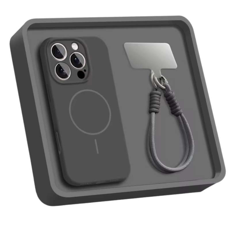 Luxury Magnetic iPhone Case — Liquid Silicone Matte Shockproof Bumper, Wrist Strap Lanyard, Anti-Fingerprint, Anti-Scratch, Dustproof, Non-Slip