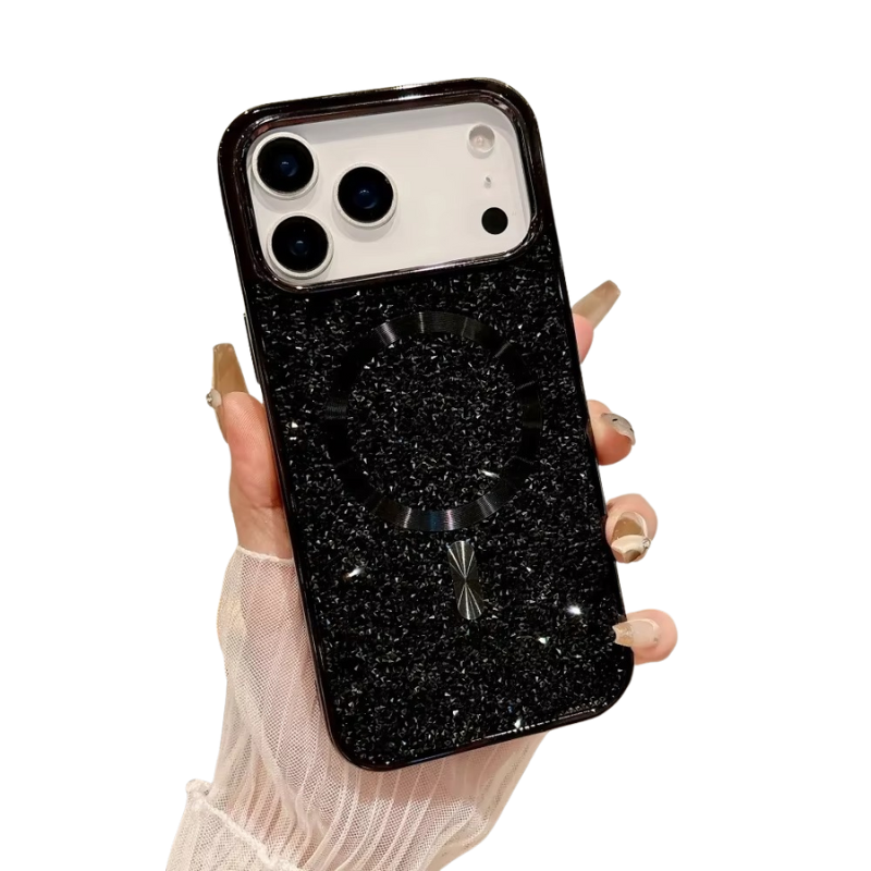 Luxury Magnetic iPhone Case with Glitter Diamond Plating — Shockproof PC Cover, Sparkling Edges, Anti-Scratch, Wireless Charging Compatible