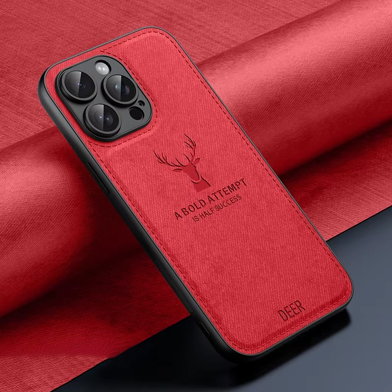 Luxury iPhone Case — Cloth Leather Deer Head Pattern Cover with Shockproof Soft Full-Coverage Protection, Anti-Fingerprint Matte Non-Slip Design