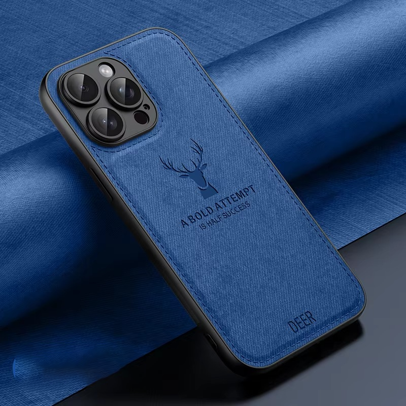 Luxury iPhone Case — Cloth Leather Deer Head Pattern Cover with Shockproof Soft Full-Coverage Protection, Anti-Fingerprint Matte Non-Slip Design
