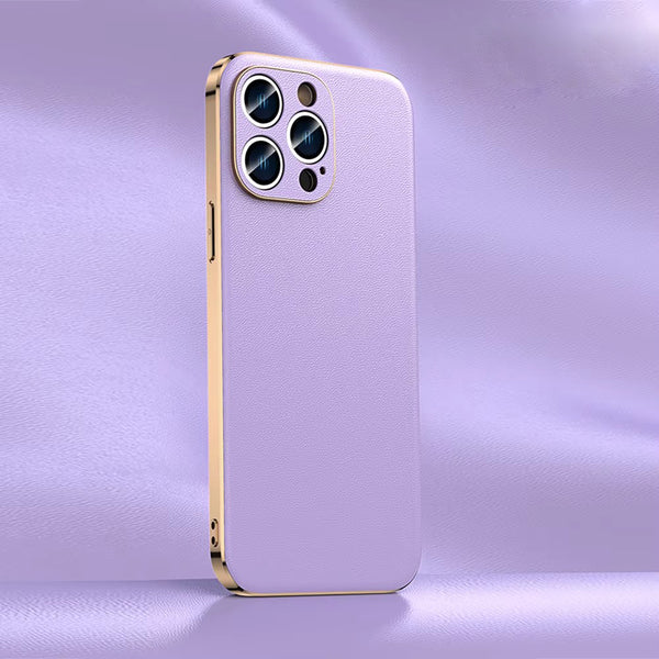 Luxury iPhone Case Genuine Cowhide Leather Back Cover — Full Camera Lens Protection, Plated Edges, Anti-Fingerprint Matte Finish, Wireless Charging Compatible