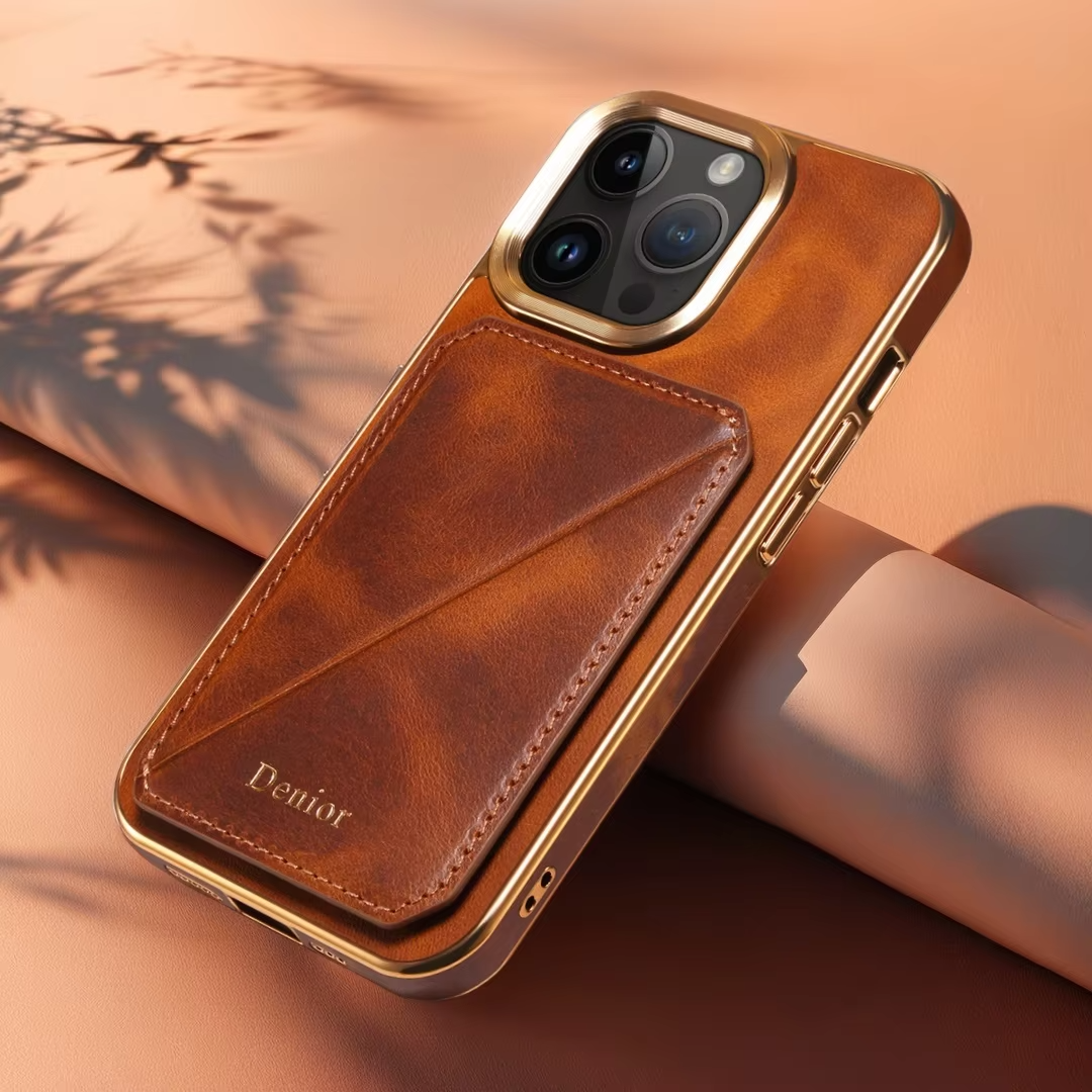 Luxury iPhone Case Genuine Cowhide Leather Wallet Cover — Magnetic Card Holder Plating Shell, Shockproof Dual Layer Protection, Anti-Fingerprint Scratch-Resistant