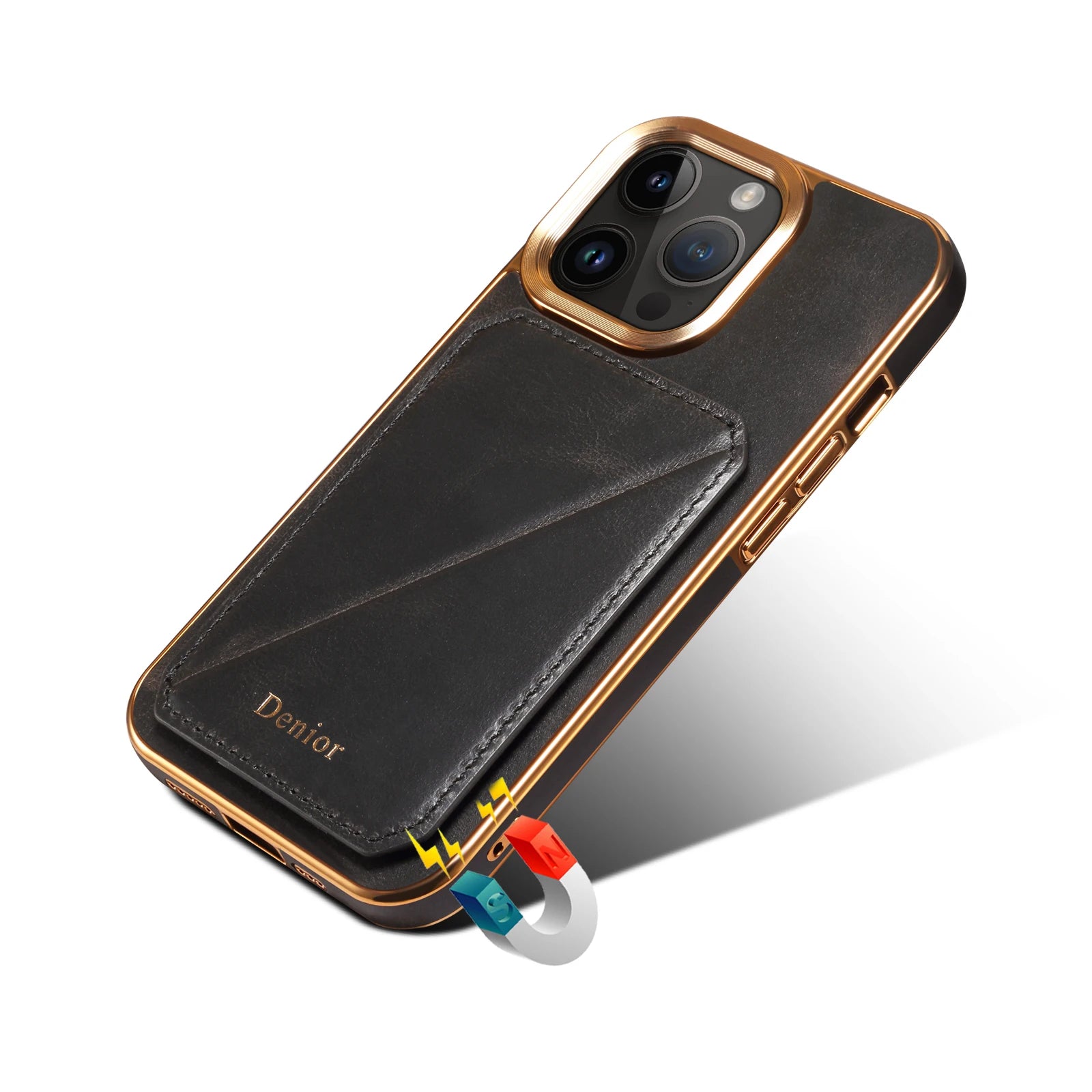 Luxury iPhone Case Genuine Cowhide Leather Wallet Cover — Magnetic Card Holder Plating Shell, Shockproof Dual Layer Protection, Anti-Fingerprint Scratch-Resistant