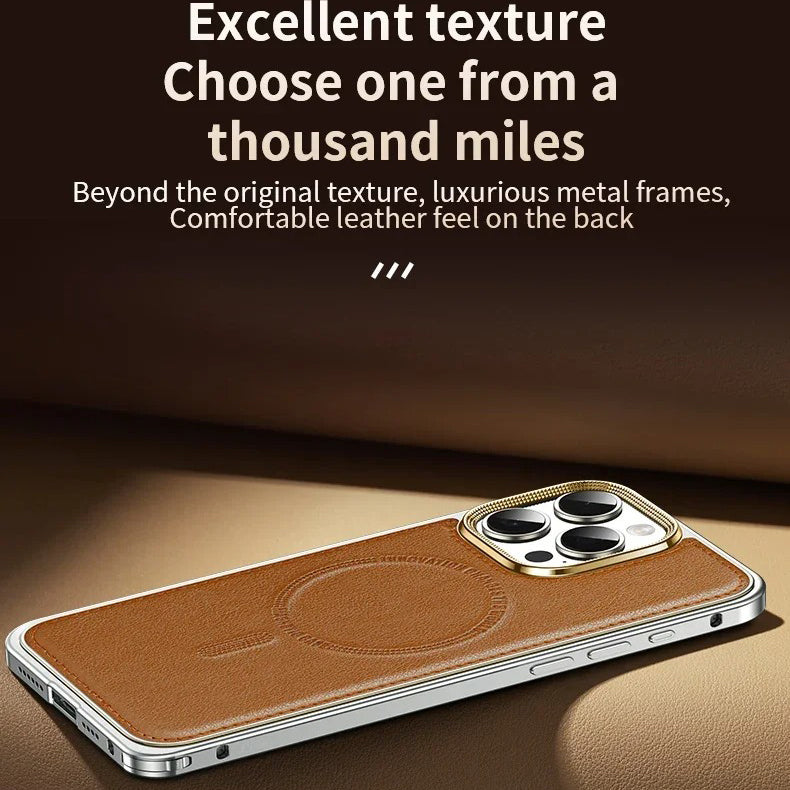 Luxury iPhone Case MagSafe Compatible Leather Back Cover — Aluminum Alloy Metal Frame, Shockproof Design, Magnetic Wireless Charging, Premium Finish
