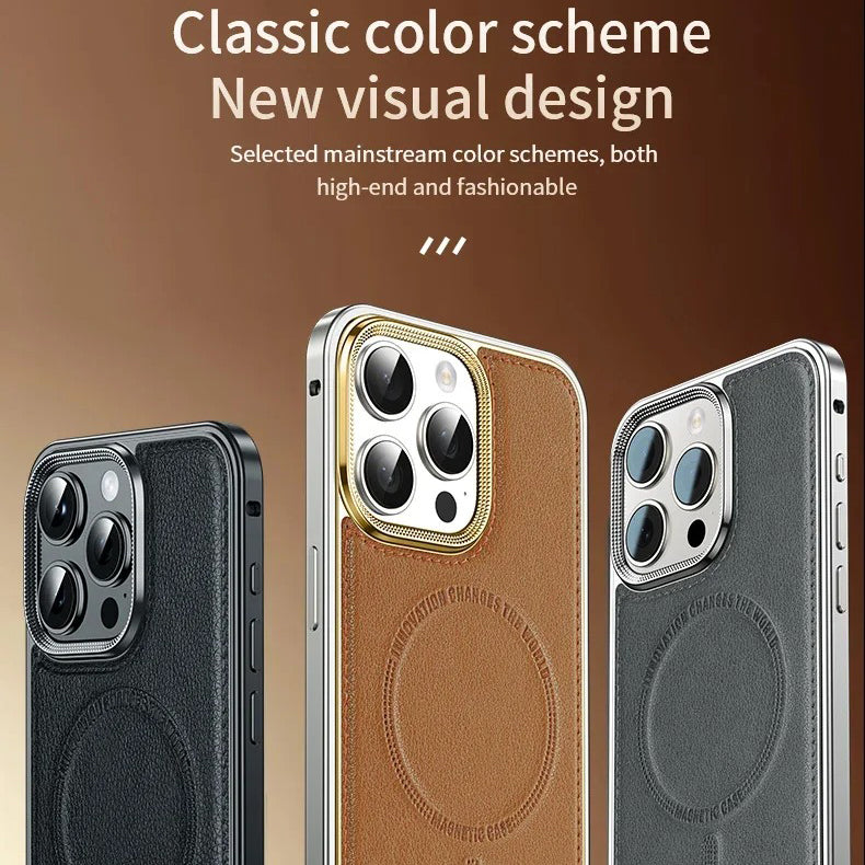 Luxury iPhone Case MagSafe Compatible Leather Back Cover — Aluminum Alloy Metal Frame, Shockproof Design, Magnetic Wireless Charging, Premium Finish