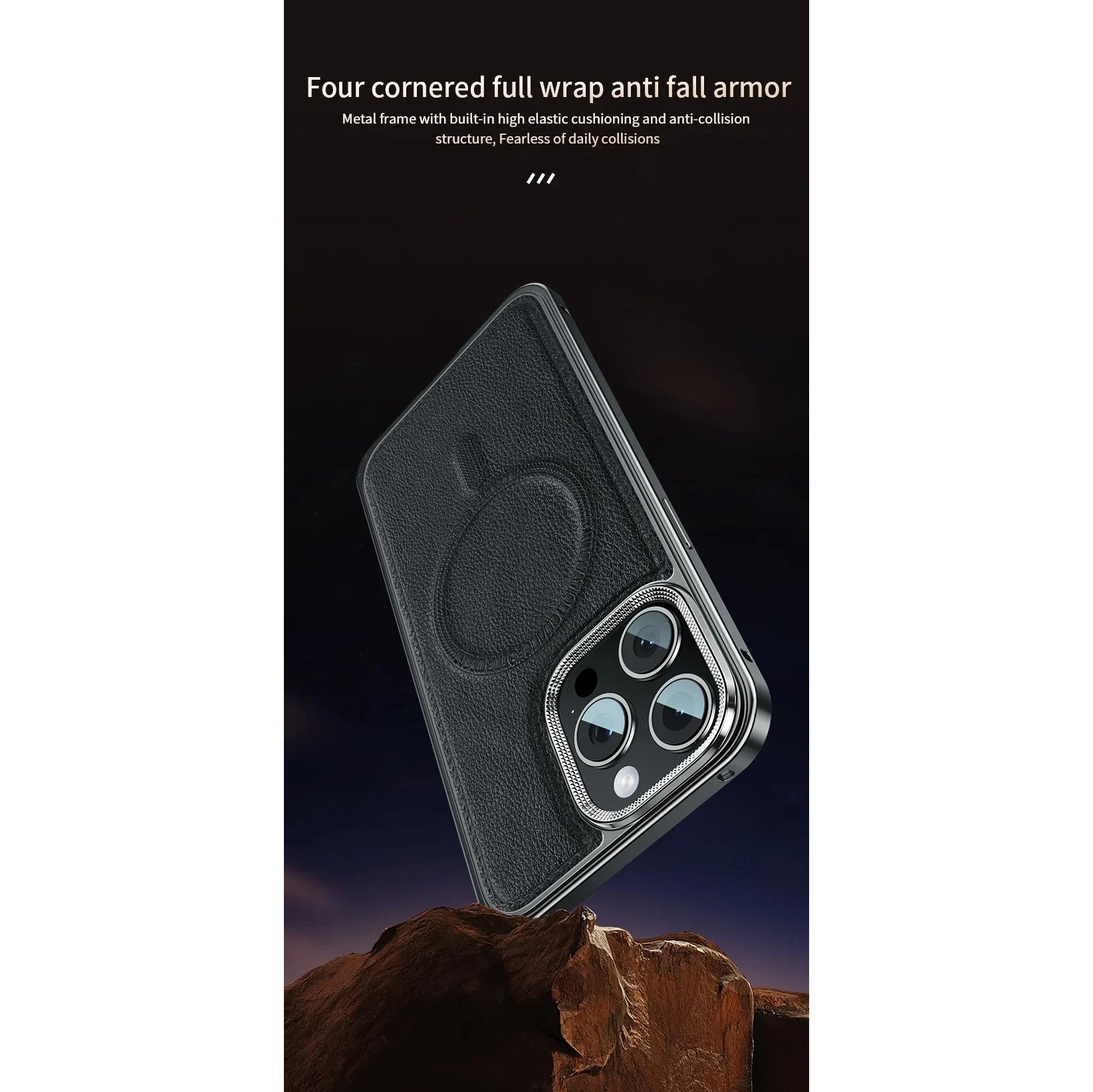 Luxury iPhone Case MagSafe Compatible Leather Back Cover — Aluminum Alloy Metal Frame, Shockproof Design, Magnetic Wireless Charging, Premium Finish