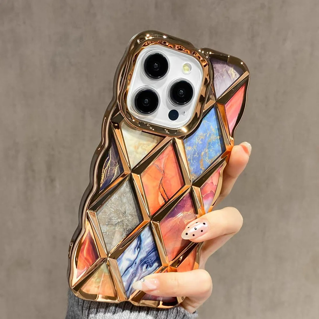 Luxury iPhone Case Plating Rhombic Marble Design — Fashion Full Body Protective Cover, Stylish Slim Shockproof Scratch-Resistant Finish
