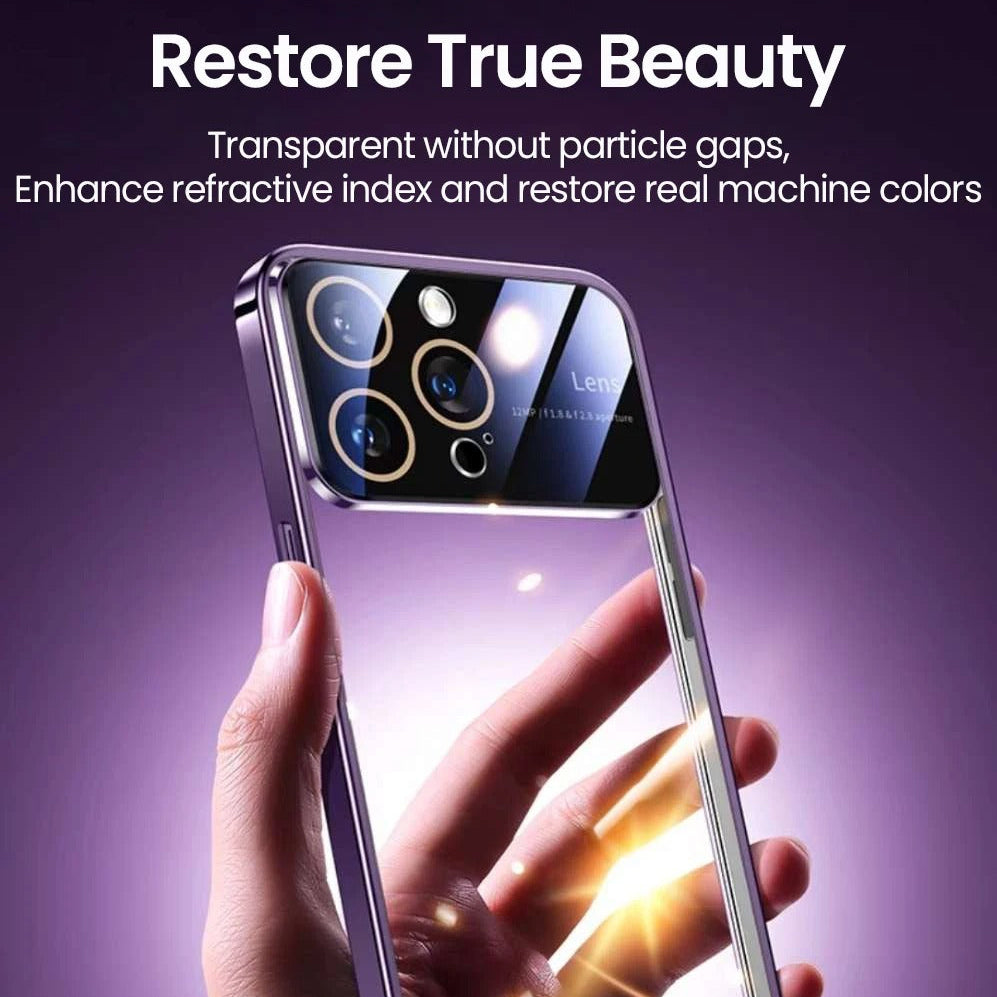 Luxury iPhone Case Tempered Glass Camera Protection — Transparent Acrylic Hard Cover, Plated Edges, Slim Shockproof Design, Scratch-Resistant Clear Finish