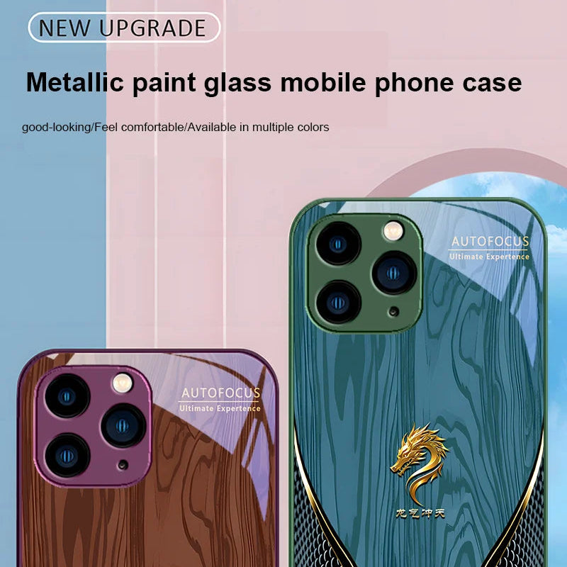 Luxury iPhone Case Wood Grain Dragon Rose Design — Tempered Glass Back Cover, Shockproof PC+TPU Frame, Scratch-Resistant Anti-Fingerprint Protection