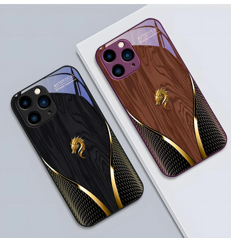 Luxury iPhone Case Wood Grain Dragon Rose Design — Tempered Glass Back Cover, Shockproof PC+TPU Frame, Scratch-Resistant Anti-Fingerprint Protection