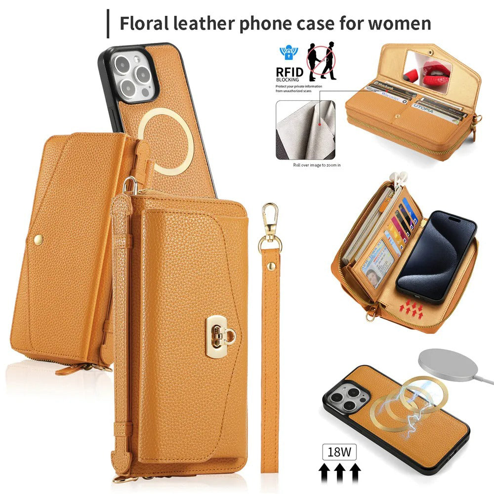 Luxury iPhone Case — 2-in-1 Detachable PU Leather Wallet Cover with Zipper Card Slot, Magnetic Closure, Crossbody Lanyard and Dual-Layer Protection