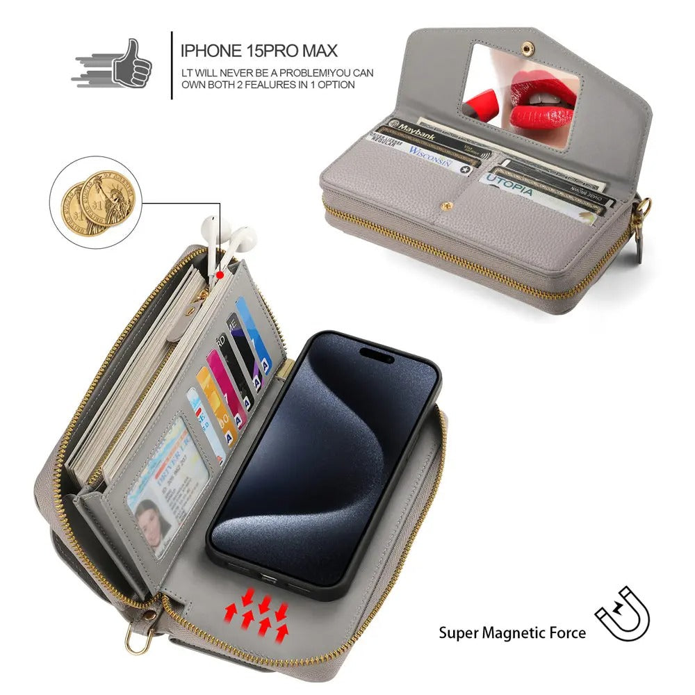 Luxury iPhone Case — 2-in-1 Detachable PU Leather Wallet Cover with Zipper Card Slot, Magnetic Closure, Crossbody Lanyard and Dual-Layer Protection