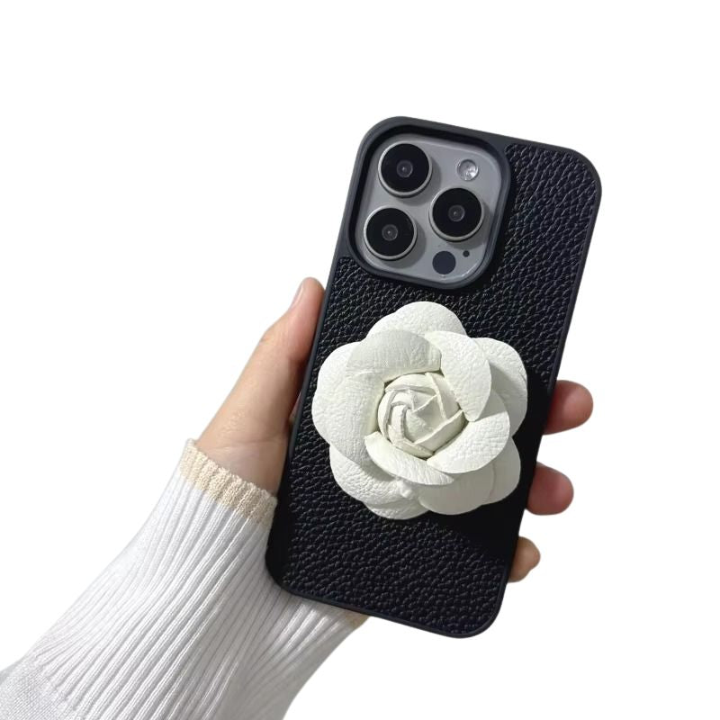 Luxury iPhone Case — 3D Camellia PU Leather Cover with Shockproof Hard Back, Full-Coverage Protection, Anti-Scratch Dustproof Finish & Non-Slip Elegant Design