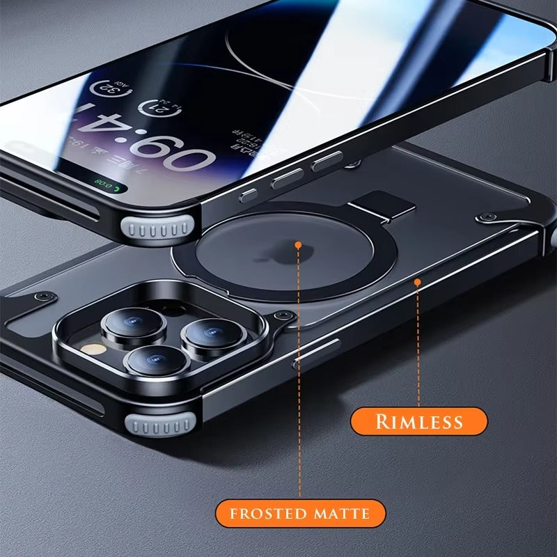 Luxury iPhone Case — Aluminum Alloy Rimless Magnetic Stand Cover with Metal Lens Protection, Frosted Matte Back & Shockproof Design