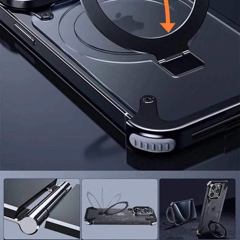 Luxury iPhone Case — Aluminum Alloy Rimless Magnetic Stand Cover with Metal Lens Protection, Frosted Matte Back & Shockproof Design