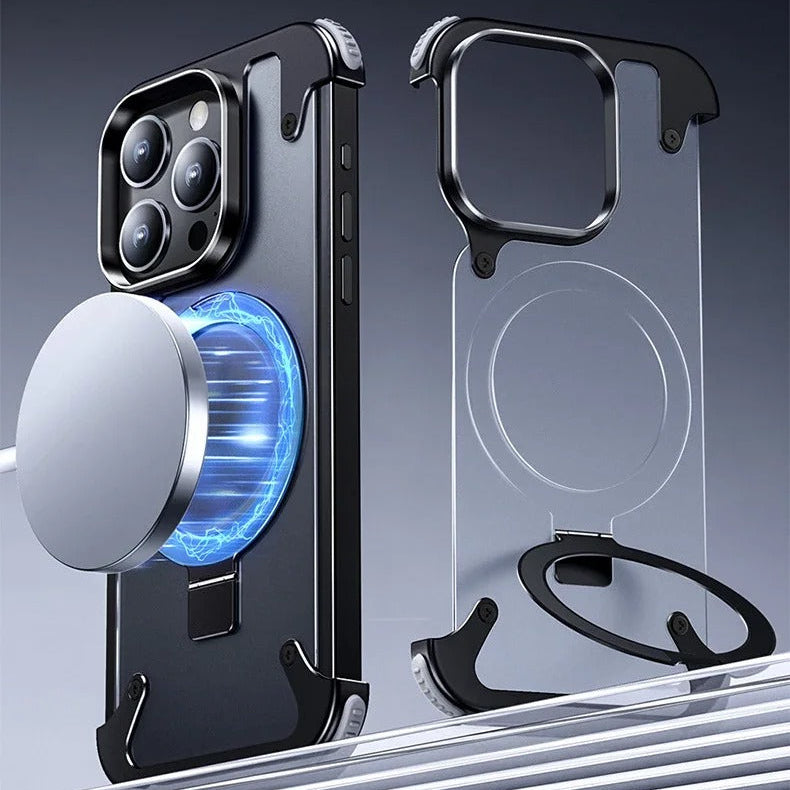 Luxury iPhone Case — Aluminum Alloy Rimless Magnetic Stand Cover with Metal Lens Protection, Frosted Matte Back & Shockproof Design
