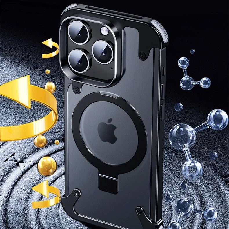 Luxury iPhone Case — Aluminum Alloy Rimless Magnetic Stand Cover with Metal Lens Protection, Frosted Matte Back & Shockproof Design