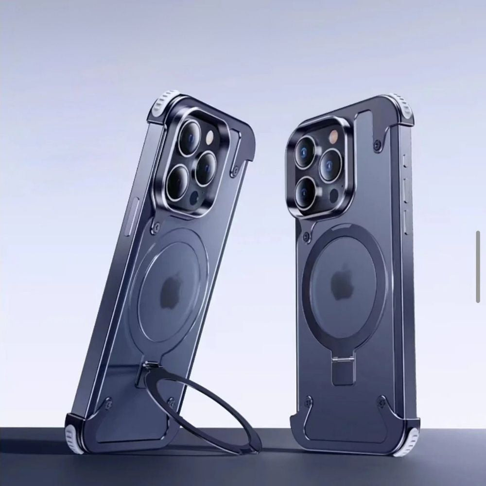 Luxury iPhone Case — Aluminum Alloy Rimless Magnetic Stand Cover with Metal Lens Protection, Frosted Matte Back & Shockproof Design