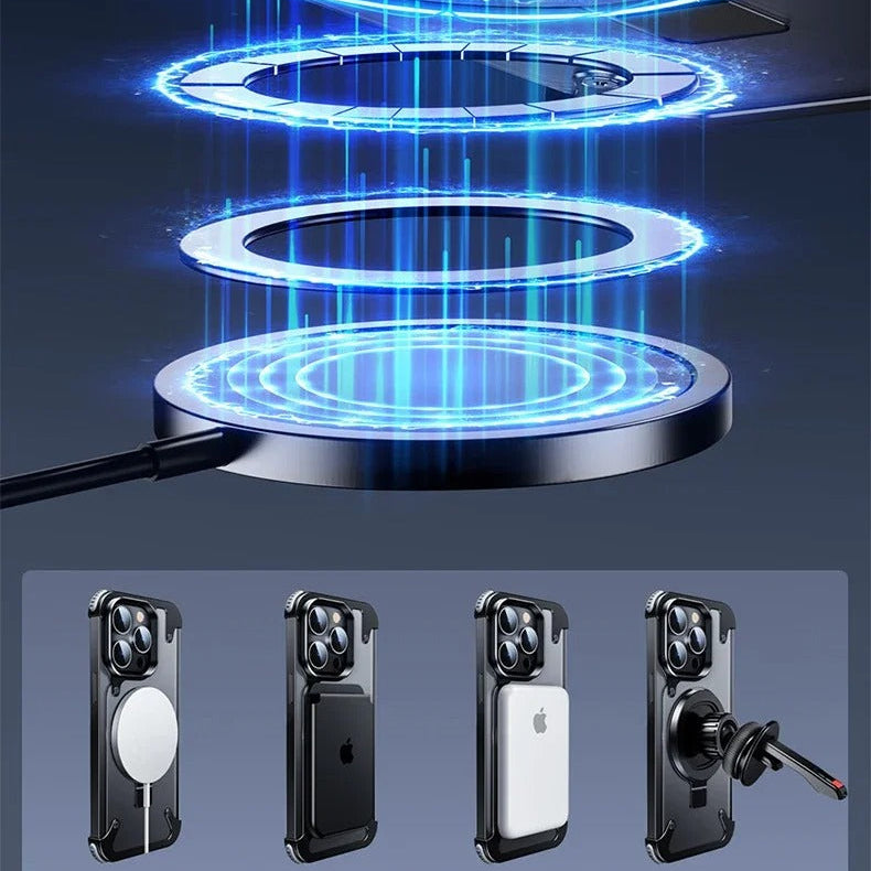 Luxury iPhone Case — Aluminum Alloy Rimless Magnetic Stand Cover with Metal Lens Protection, Frosted Matte Back & Shockproof Design