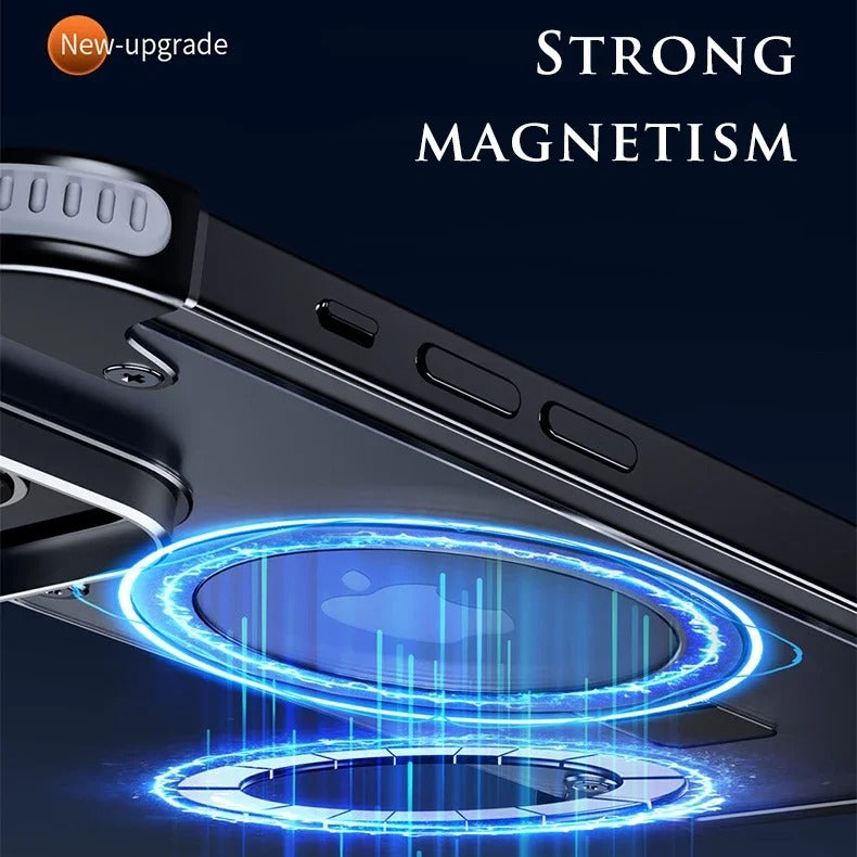 Luxury iPhone Case — Aluminum Alloy Rimless Magnetic Stand Cover with Metal Lens Protection, Frosted Matte Back & Shockproof Design