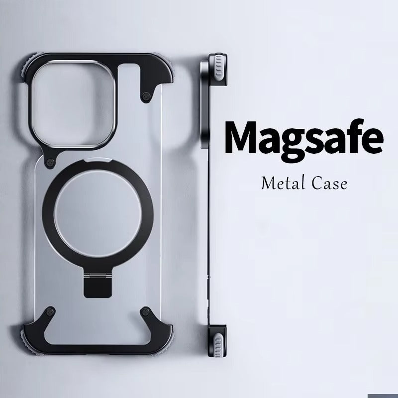 Luxury iPhone Case — Aluminum Alloy Rimless Magnetic Stand Cover with Metal Lens Protection, Frosted Matte Back & Shockproof Design