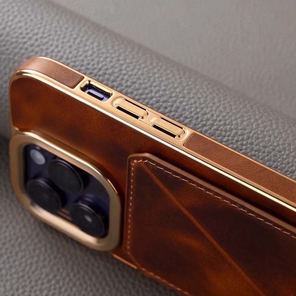 Luxury iPhone Case — Business Leather Back Cover with Stand Slot, Shock-Absorbing Protection, Anti-Fingerprint Anti-Scratch Finish & Built-In Card Storage
