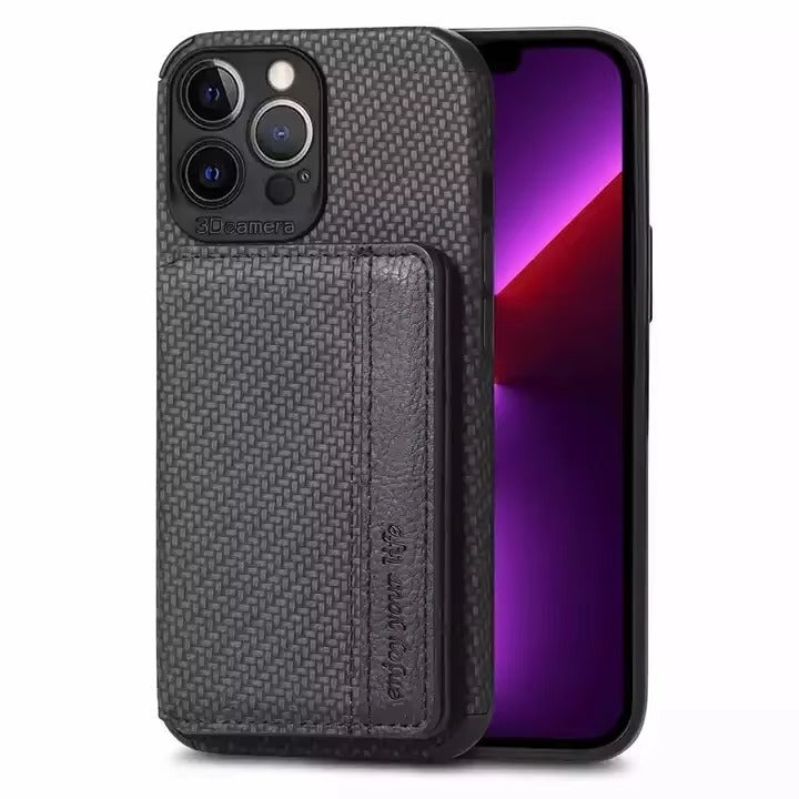 Luxury iPhone Case — Carbon Fiber Magnetic Wallet Cover with Card Holder, Kickstand Function and Anti-Scratch Dustproof Protection