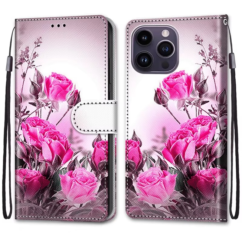 Luxury iPhone Case — Cartoon & Floral Flip Wallet Book Stand, Shockproof Leather Cover with Lanyard