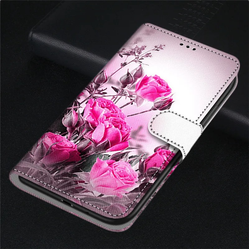 Luxury iPhone Case — Cartoon & Floral Flip Wallet Book Stand, Shockproof Leather Cover with Lanyard