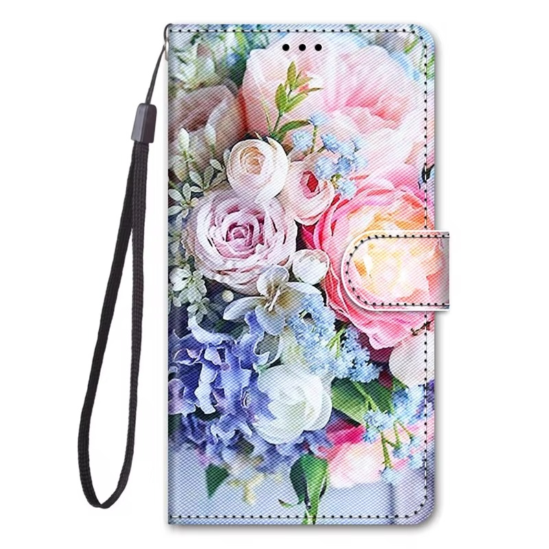 Luxury iPhone Case — Cartoon & Floral Flip Wallet Book Stand, Shockproof Leather Cover with Lanyard