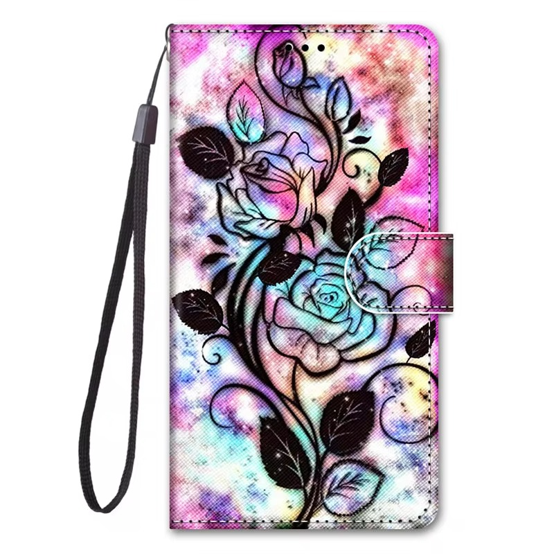 Luxury iPhone Case — Cartoon & Floral Flip Wallet Book Stand, Shockproof Leather Cover with Lanyard