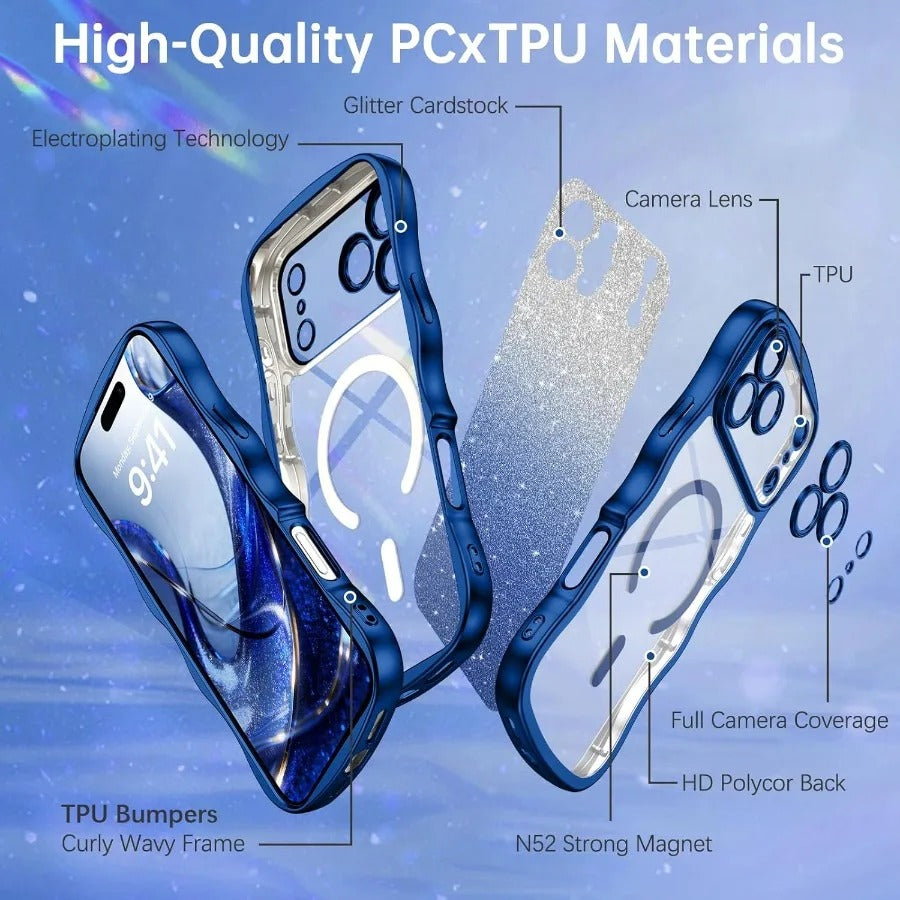 Luxury iPhone Case — Clear MagSafe-Compatible Cover with Full Camera Protection, Cute Wave Frame Design & DIY Glitter Style