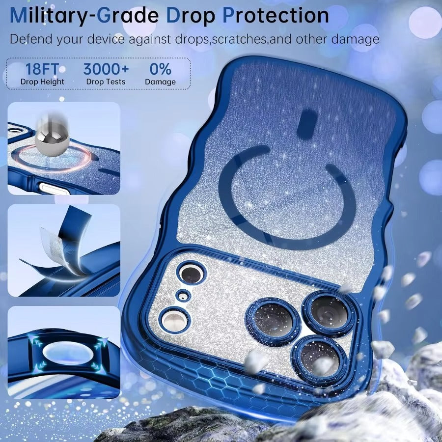 Luxury iPhone Case — Clear MagSafe-Compatible Cover with Full Camera Protection, Cute Wave Frame Design & DIY Glitter Style