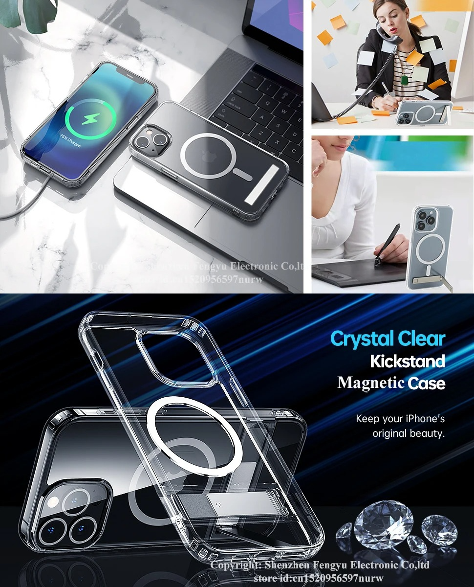 Luxury iPhone Case — Clear Magnetic Stand Cover with Built-In Kickstand, Waterproof Shockproof Protection & Lightweight Non-Slip Design