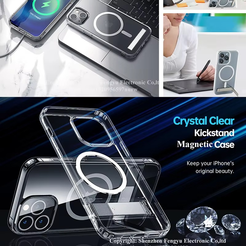 Luxury iPhone Case — Clear Magnetic Stand Cover with Built-In Kickstand, Waterproof Shockproof Protection & Lightweight Non-Slip Design
