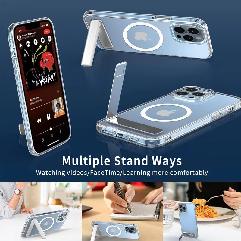 Luxury iPhone Case — Clear Magnetic Stand Cover with Built-In Kickstand, Waterproof Shockproof Protection & Lightweight Non-Slip Design