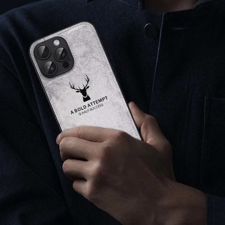 Luxury iPhone Case — Cloth Leather Deer Head Pattern Cover with Shockproof Soft Full-Coverage Protection, Anti-Fingerprint Matte Non-Slip Design