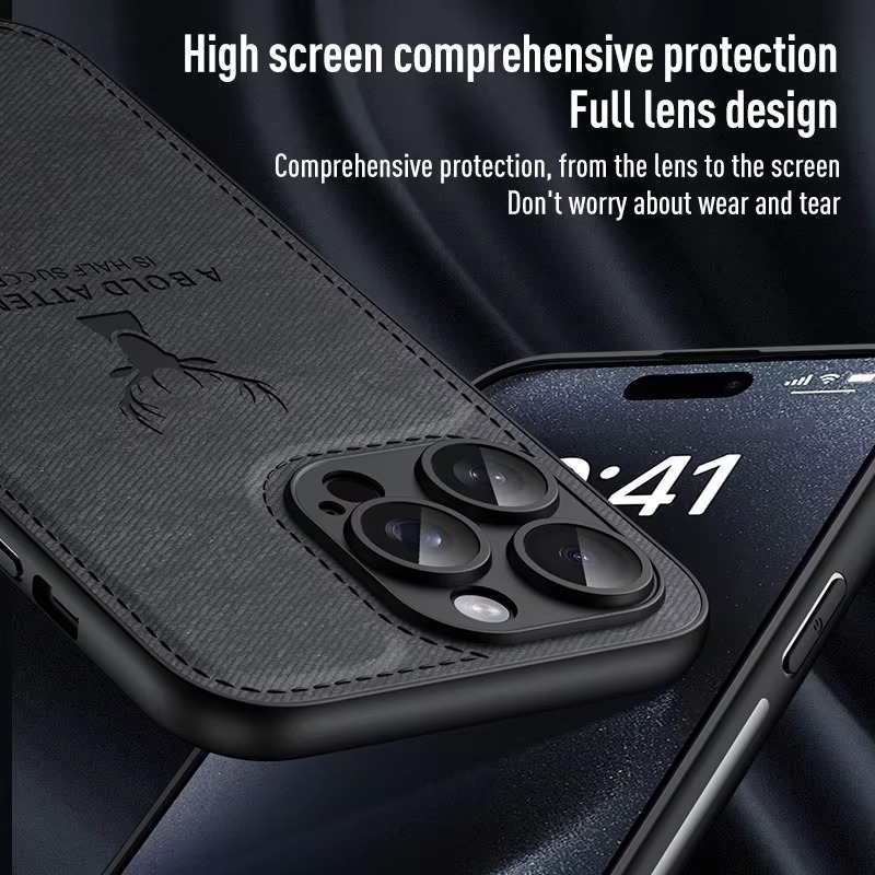 Luxury iPhone Case — Cloth Leather Deer Head Pattern Cover with Shockproof Soft Full-Coverage Protection, Anti-Fingerprint Matte Non-Slip Design