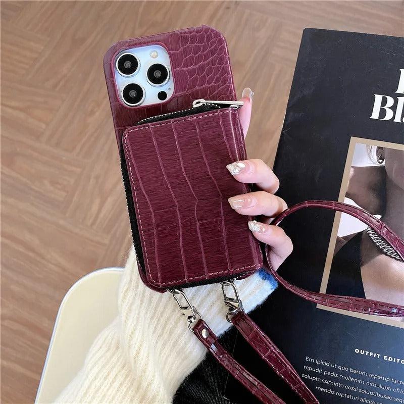 Luxury iPhone Case — Crossbody Crocodile Skin Zipper Wallet Cover with Card Holder, Lanyard Strap, Anti-Fingerprint Anti-Scratch Protection & Elegant Textured Design