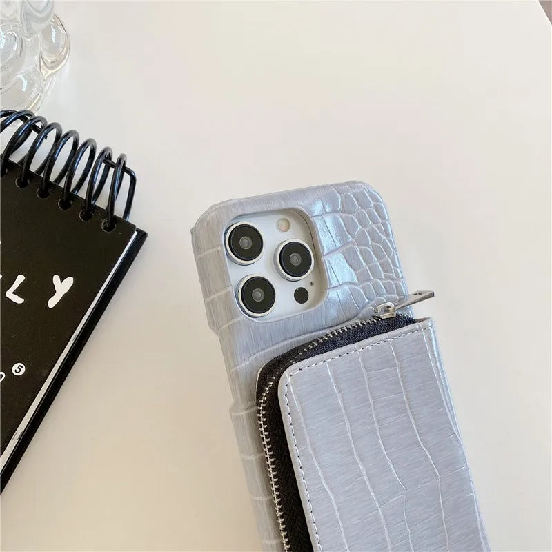 Luxury iPhone Case — Crossbody Crocodile Skin Zipper Wallet Cover with Card Holder, Lanyard Strap, Anti-Fingerprint Anti-Scratch Protection & Elegant Textured Design
