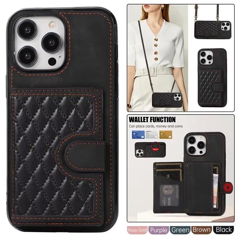 Luxury iPhone Case — Crossbody Leather Wallet Cover with Card Slots, Lanyard, Flip Stand, Magnetic Shockproof Anti-Fingerprint Full-Protection Design