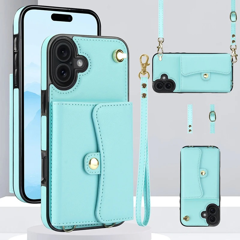 Luxury iPhone Case — Crossbody Leather Wallet Cover with Wrist & Shoulder Strap, Card & Coin Storage, Non-Slip Shockproof Design
