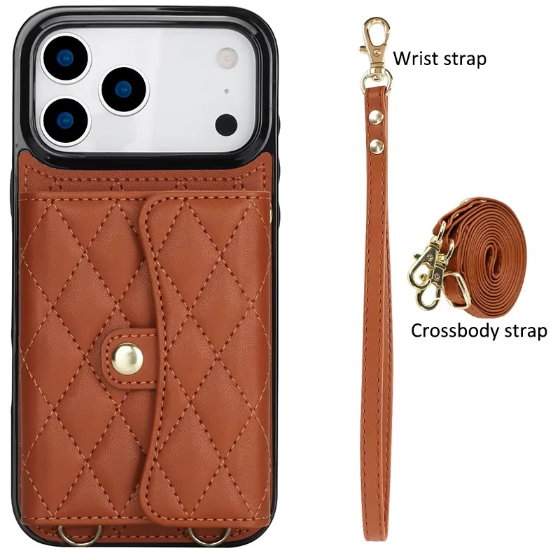 Luxury iPhone Case — Crossbody Leather Wallet Cover with Wrist & Shoulder Strap, Card & Coin Storage, Non-Slip Shockproof Design