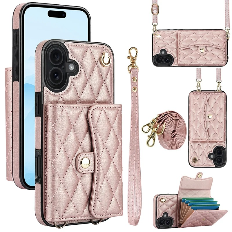 Luxury iPhone Case — Crossbody Leather Wallet Cover with Wrist & Shoulder Strap, Card & Coin Storage, Non-Slip Shockproof Design