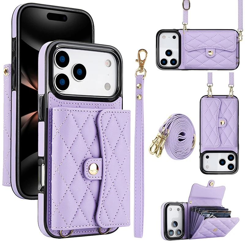 Luxury iPhone Case — Crossbody Leather Wallet Cover with Wrist & Shoulder Strap, Card & Coin Storage, Non-Slip Shockproof Design