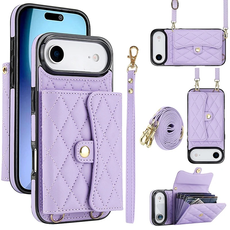 Luxury iPhone Case — Crossbody Leather Wallet Cover with Wrist & Shoulder Strap, Card & Coin Storage, Non-Slip Shockproof Design