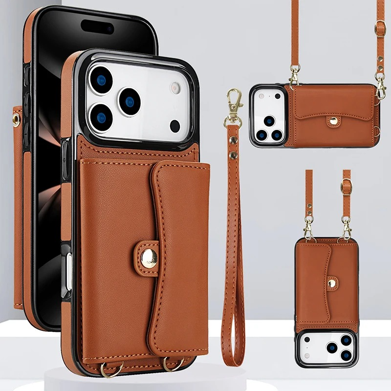 Luxury iPhone Case — Crossbody Leather Wallet Cover with Wrist & Shoulder Strap, Card & Coin Storage, Non-Slip Shockproof Design