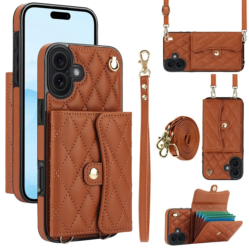 Luxury iPhone Case — Crossbody Leather Wallet Cover with Wrist & Shoulder Strap, Card & Coin Storage, Non-Slip Shockproof Design
